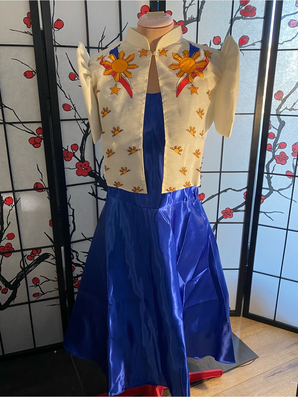 Filipiniana Blue Satin A-Line Dress with Cream Embroidered Bolero Set